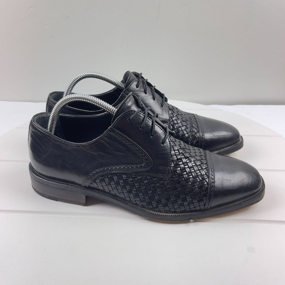PRINCIPE Oxford Mens 9 Dress Shoes Hand Made Woven Black Leather Captoe ITALY